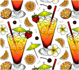 Sketch drawing pattern of Tequila Sunrise cocktail isolated on white background. Bar menu wallpaper. Hand drawn alcohol drink with orange juice, grenadine, cherry, strawberry. Vector illustration. - 506526224