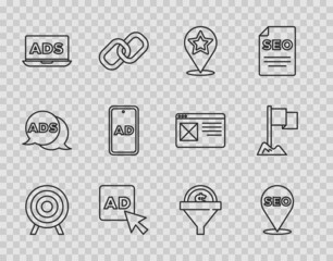 Set line Target sport, SEO optimization, Map pointer with star, Advertising, Lead management and Location marker icon. Vector