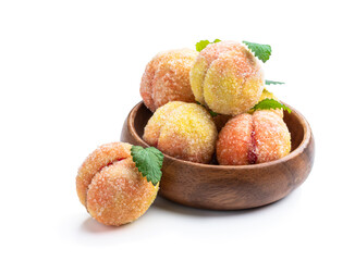 Arrangement of peaches shaped homemade cookies isolated on white