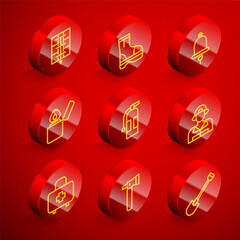 Set line Evacuation plan, Fire boots, Ringing alarm bell, Lighter, extinguisher, Firefighter, First aid kit and axe icon. Vector