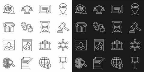 Set line Judge gavel, Hexagram sheriff, Certificate template, Handcuffs, Law pillar, Scales of justice and Old hourglass icon. Vector