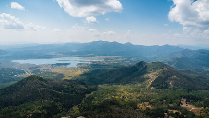 The view of Steamboat Lake on a hazy day from the summit of Hahns Peak, near Steamboat Springs,...