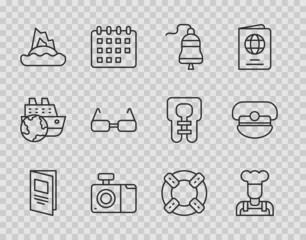 Set line Brochure, Cook, Ship bell, Photo camera, Tropical island in ocean, Glasses, Lifebuoy and Captain hat icon. Vector