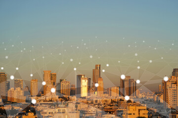 Smart network and Connection technology concept with Tel Aviv city background. Smart city and abstract dot points connect. 5G technology in city - obrazy, fototapety, plakaty
