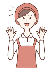 Female clerk happy to raise her hands.