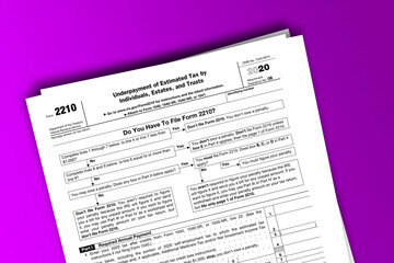 Form 2210 documentation published IRS USA 44441. American tax document on colored