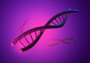 DNA molecule on purple. DNA molecule as symbol of genetic engineering. RNA research concept. Study of human DNA and RNA. Genetic circuit background. Visualization genetic. 3d rendering.