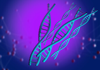 Purple background with DNA spirals. DNA models. Medical biotechnologies. Genetic engineering concept. Study of genes people. DNA structure background. Human gene chain. 3d rendering.