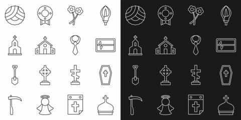 Set line Church tower, Coffin with cross, Beat dead monitor, Flower, building, Memorial wreath and Tie icon. Vector