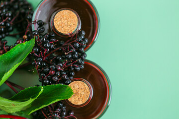 Sambucus syrup.Red elderberry syrup in glass bottles set and ripe black elderberries on green background.Useful drink. Alternative medicine and homeopathy.Elderberry harvest 