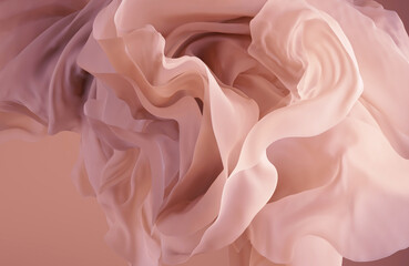 3d render, abstract background with delicate pink waving veil, floating drapery, crumpled silky textile, cloth macro, wavy fashion wallpaper - obrazy, fototapety, plakaty