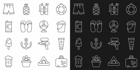 Set line Suitcase, Sunscreen cream in tube, Sand bucket, Aqualung, Flip flops, Soda can, Swimming trunks and Electric fan icon. Vector