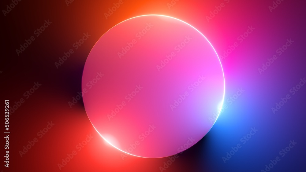 Poster 3d render, abstract colorful neon background with glowing ring. simple geometric shape, blank round 