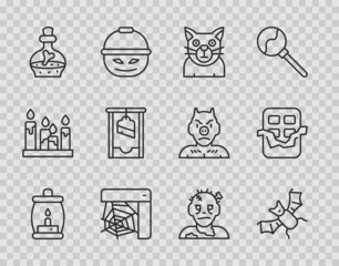Set line Camping lantern, Flying bat, Cat, Spider web, Bottle with potion, Guillotine, Zombie mask and Chocolate bar icon. Vector