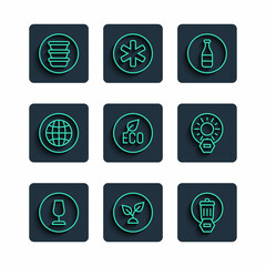 Set line Fragile broken glass, Plant based, Trash can, Bottle, Leaf Eco symbol, Social network, Bowl and No direct sunlight icon. Vector