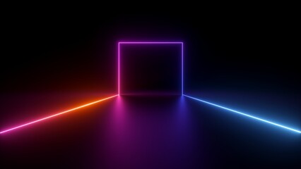 3d render, abstract black background with red pink blue neon geometric line glowing in ultraviolet spectrum, square frame © wacomka