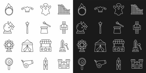 Set line Castle, Striker attraction with hammer, Attraction carousel, Ghost, Magic wand, ball, Circus fire hoop and hat icon. Vector