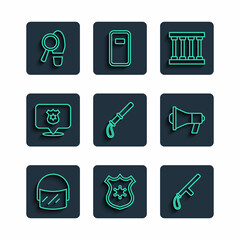 Set line Police helmet, badge, rubber baton, Prison window, Footsteps and Megaphone icon. Vector