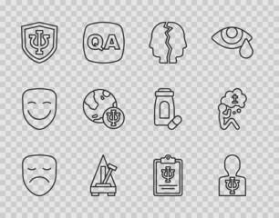 Set line Drama theatrical mask, Psychology, Psi, Bipolar disorder, Metronome with pendulum, and Man graves funeral sorrow icon. Vector