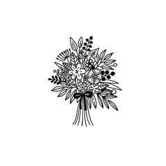 Flower bouquet vector illustration in doodle style. Black and white linear illustration of a bouquet with wildflowers. Floristry, element, florist logo, wedding decor.