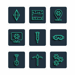 Set line Shovel, Pickaxe, Gem stone, Construction jackhammer, and Safety goggle glasses icon. Vector