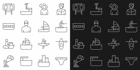 Set line Swimming trunks, Kayak and paddle, Water skiing man, Aqualung, Swimmer, pool, Sport mechanical scoreboard and Windsurfing icon. Vector