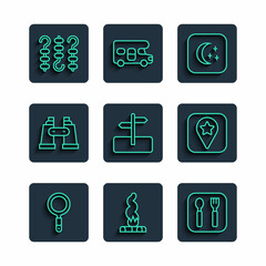 Set line Magnifying glass, Campfire, Fork and spoon, Moon stars, Road traffic sign, Binoculars, Grilled shish kebab skewer and Location for camping icon. Vector