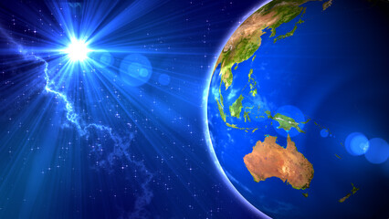 Half View Earth Planet On Bright Blue Sunshine Starry Sky Outer Space With Nebula Cloud Background 3d Illustration. Texture Map Courtesy Of Nasa