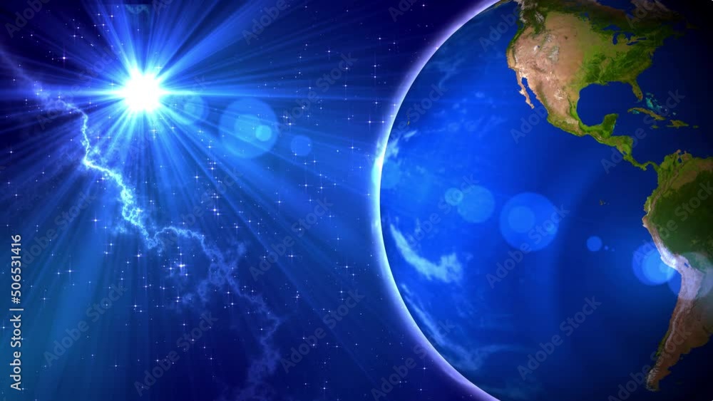 Poster half view earth planet rotating on bright blue sunshine starry sky outer space with nebula cloud bac