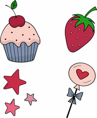 Cute set with cupcake, strawberries, stars