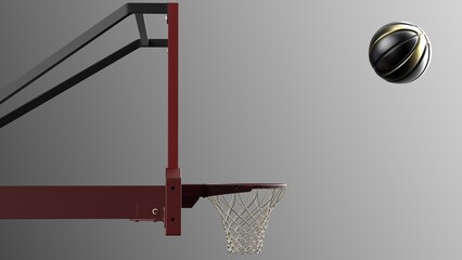 Metallic Black-Gold Basketball and Basketball Goal Plate under spot lighting background. 3D CG. 3D sketch design and illustration. 3D high quality rendering.