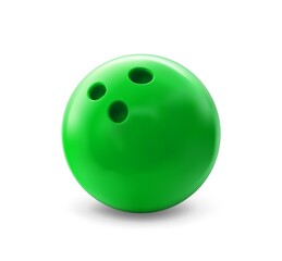 Realistic bowling ball, isolated vector 3d green sphere with holes for playing with pins on alley. Glossy ball object, professional sports and recreational activity equipment, plastic throw bowl