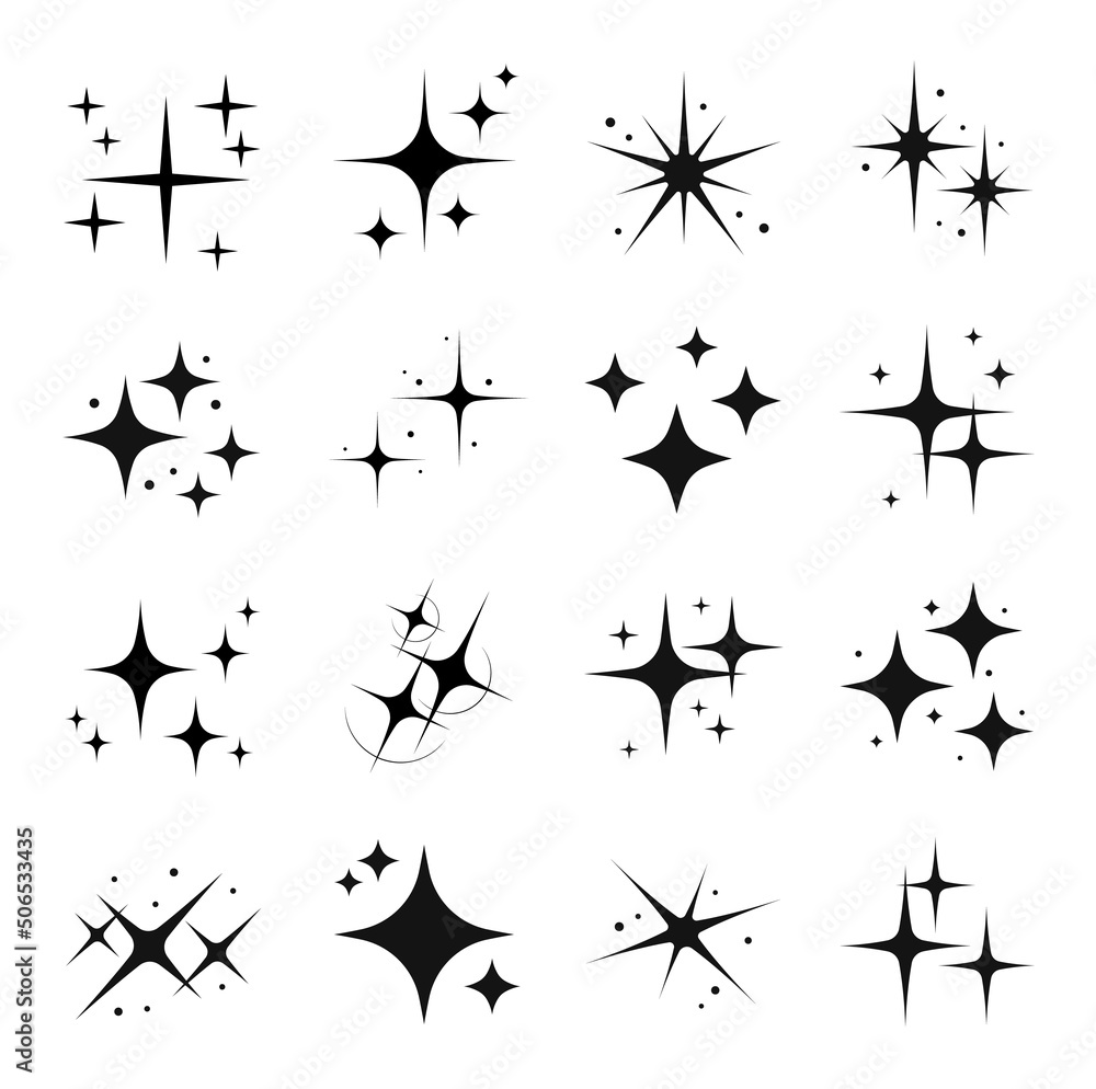 Poster star sparkle and twinkle, star burst and flash black silhouettes. isolated vector set of shining lig