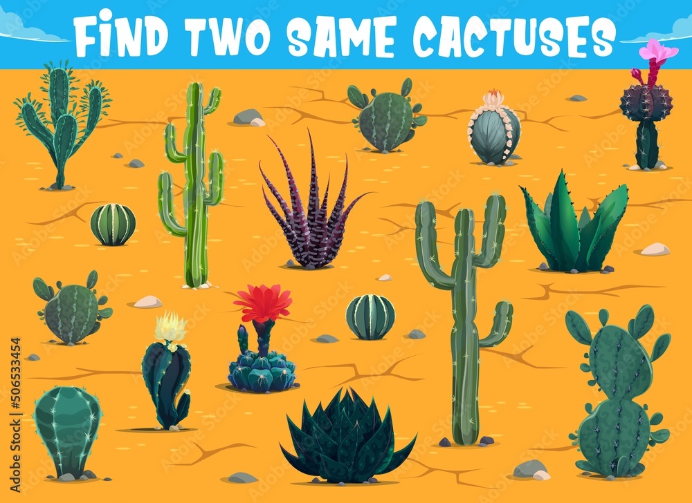 Poster find two same cactuses in mexican desert. kids game worksheet, children logical riddle or educationa