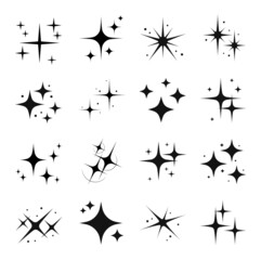 Star sparkle and twinkle, star burst and flash black silhouettes. Isolated vector set of shining lights and sparks of bright stars with glowing rays and flare effect. Magic glint, shiny glitter - obrazy, fototapety, plakaty