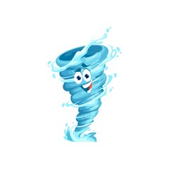 Cartoon tornado character, storm, whirlwind twister or cyclone vector emoji with happy smiling face. Isolated funnel of hurricane wind, waterspout or tornado vortex personage, extreme weather emoticon - obrazy, fototapety, plakaty
