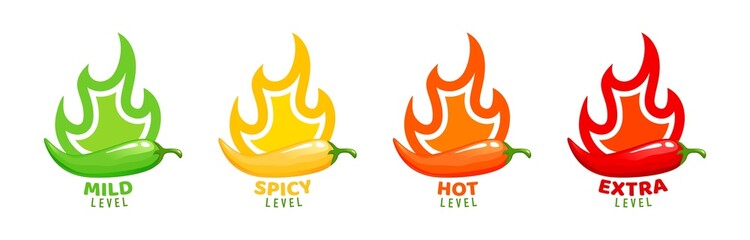 Fototapeta Spicy level labels with fire flames of peppers, mild, medium and extra hot vector symbols. Spicy food taste level or scale icons with burning flame of chili pepper, jalapeno or Tabasco sauce obraz