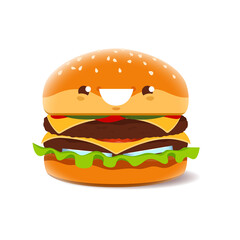 Cartoon burger or cheeseburger character. Kawaii vector fast food personage, funny takeaway fastfood with smiling face. Happy junk meal emoji with cheese, meat cutlet and vegetables isolated burger