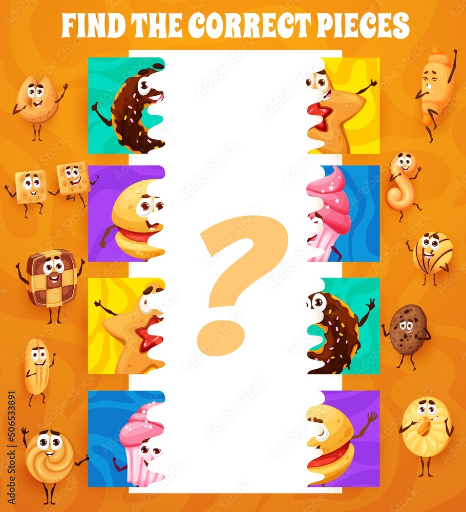 Poster cartoon cookies, bakery and desserts. find the correct piece game worksheet, kids riddle or playing 