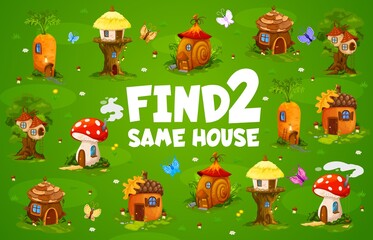 Find two same fairy houses or cartoon elf village dwellings kids game worksheet. Preschool child intelligence riddle, difference spotting vector quiz. Kids educational puzzle game with fantasy homes