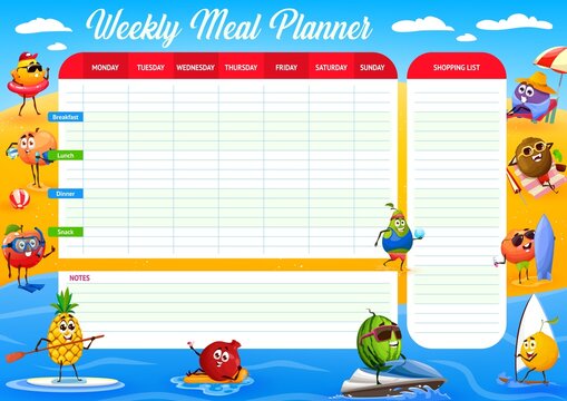 Cartoon raw fruits on summer beach vacation weekly meal planner schedule, organizer check list. Vector food plan with mango, mandarin, garnet and apple, peach, pineapple or pear, plum, kiwi characters - Powered by Adobe