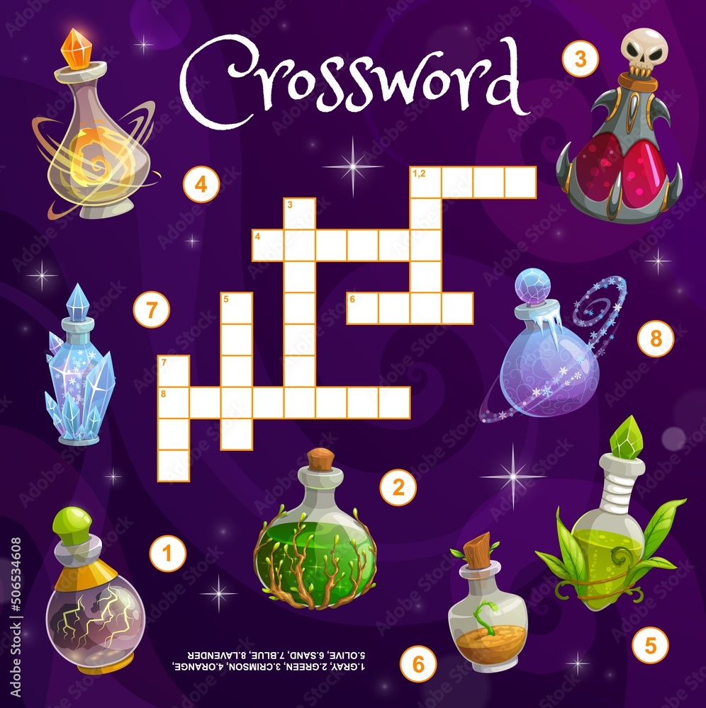 Aufkleber magic potion bottles. crossword grid worksheet. find a word quiz game, kids text game or words findi