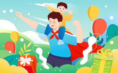 Obraz na płótnie Canvas Father's day dad playing with his child, parent-child interaction, vector illustration