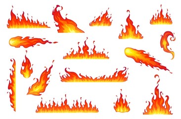 Cartoon isolated fire flames, bonfire. Vector campfire, comet, fireball or torch burning blaze. Glowing shining borders with long waving tongues. Decorative ignition stripes of fire flames - obrazy, fototapety, plakaty