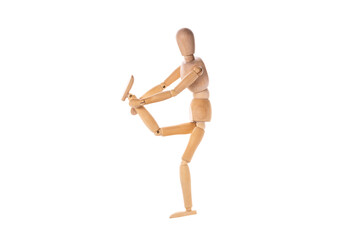 Fototapeta na wymiar wooden man holding his leg with his hands isolated on white background