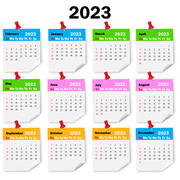 colorful calendar 2023. All months of 2023 on pins. 2023 number design template. Vector illustration. stock image.