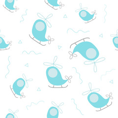 Kids seamless pattern with colorful helicopters, White background. Baby pattern.