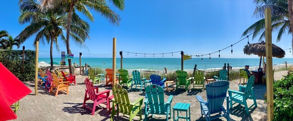 Colorful beach chairs with palm trees and an ocean view at the beach in Florida. 