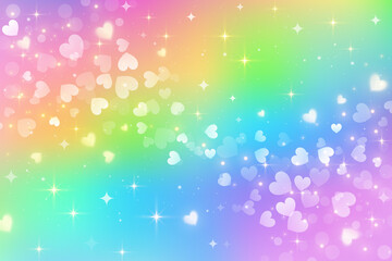 Rainbow unicorn fantasy background with wave of hearts. Holographic bright multicolored sky and stars. Vector.