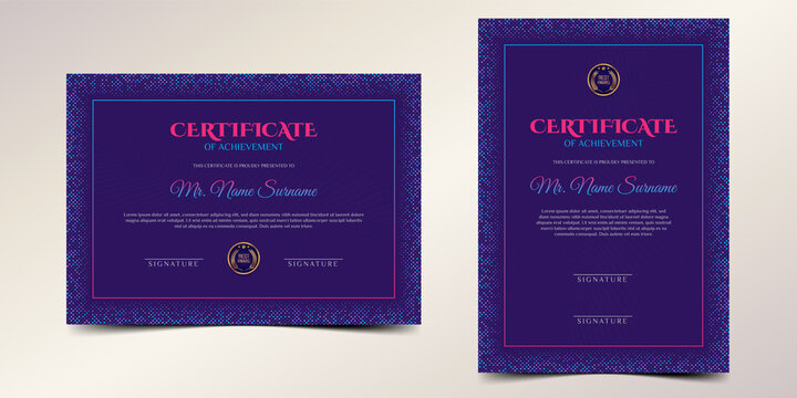 blue and magenta certificate of achievement border template with luxury badge and dots pattern